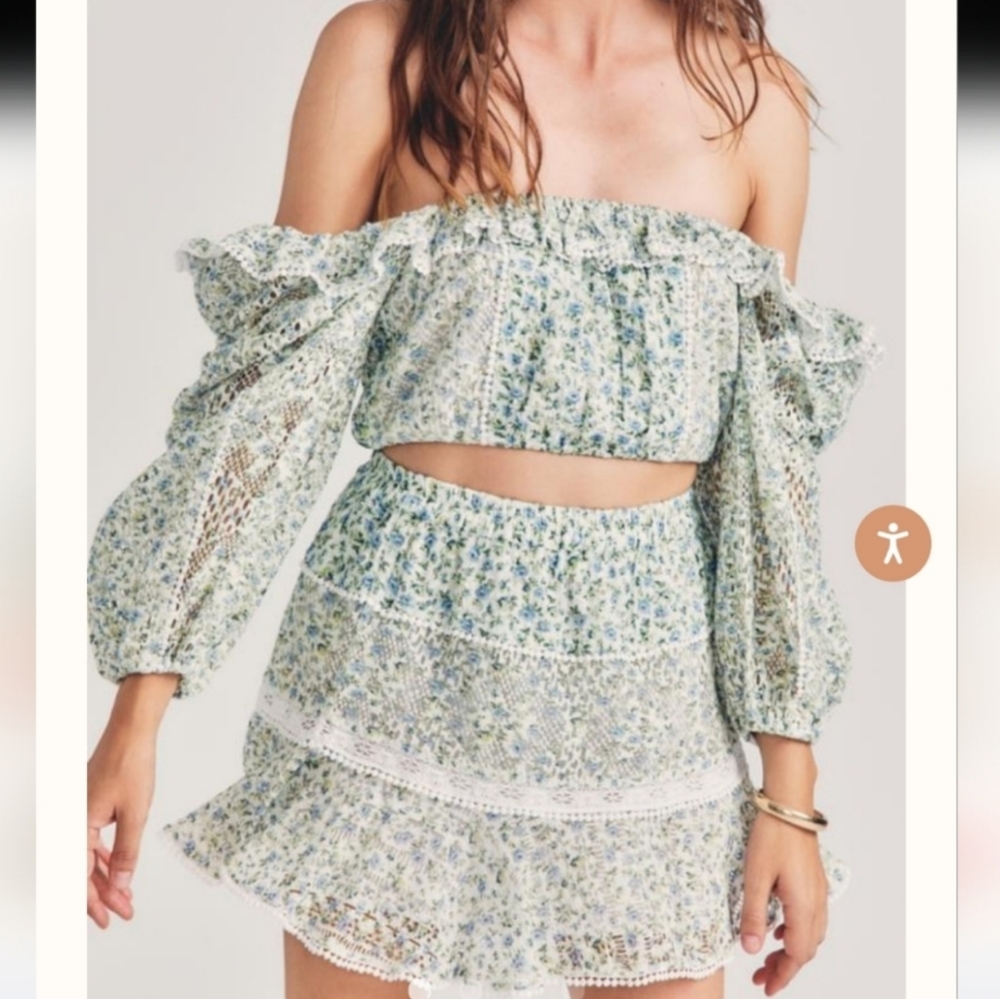 House of Harlow 1960 Floral Eyelet Two Piece Mini Skirt Set
